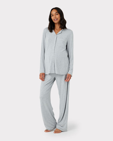 Maternity Grey Modal Button Up Long Pyjama Set